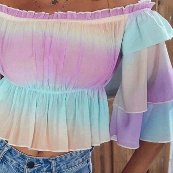 Off Shoulder Frill Trim Layered Sleeve Peplum Crop Ombre Blouse - Picture 7 of 7